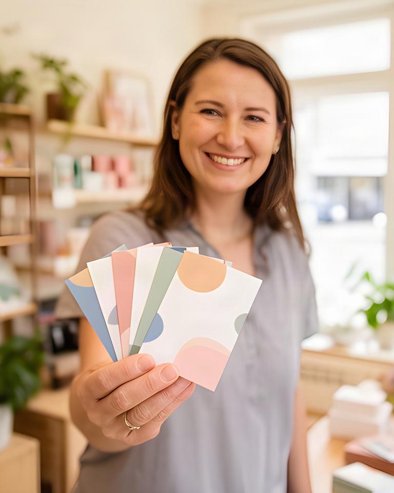 Smiling local shop owner holding newly printed promotional cards inside a bright Hutchinson storefront