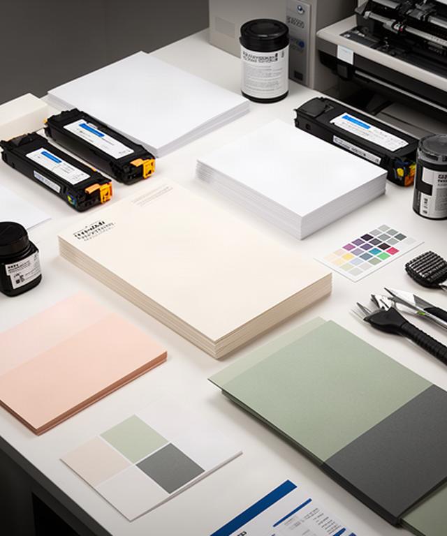 Print production worktable with paper samples, toner cartridges, and neatly prepared customer materials