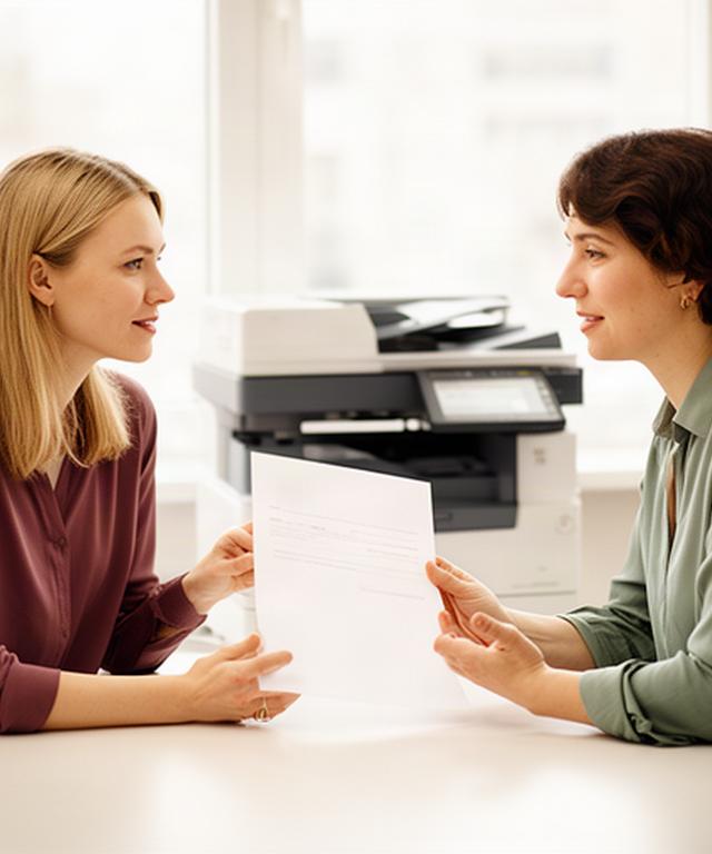 Customer and printer specialist discussing a service record across a bright consultation table