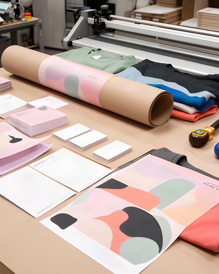 Printed business cards flyers apparel and promotional pieces displayed in a local print workshop
